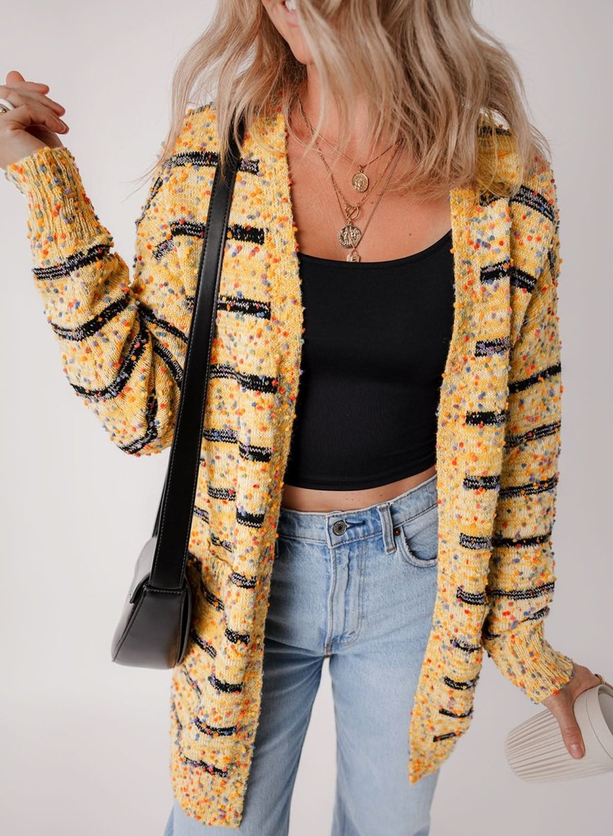Beige Striped Knit Cardigan with Pom Pom Details - Love Salve