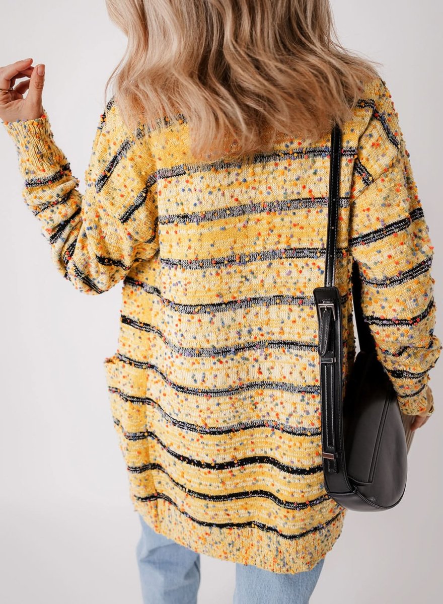 Beige Striped Knit Cardigan with Pom Pom Details - Love Salve