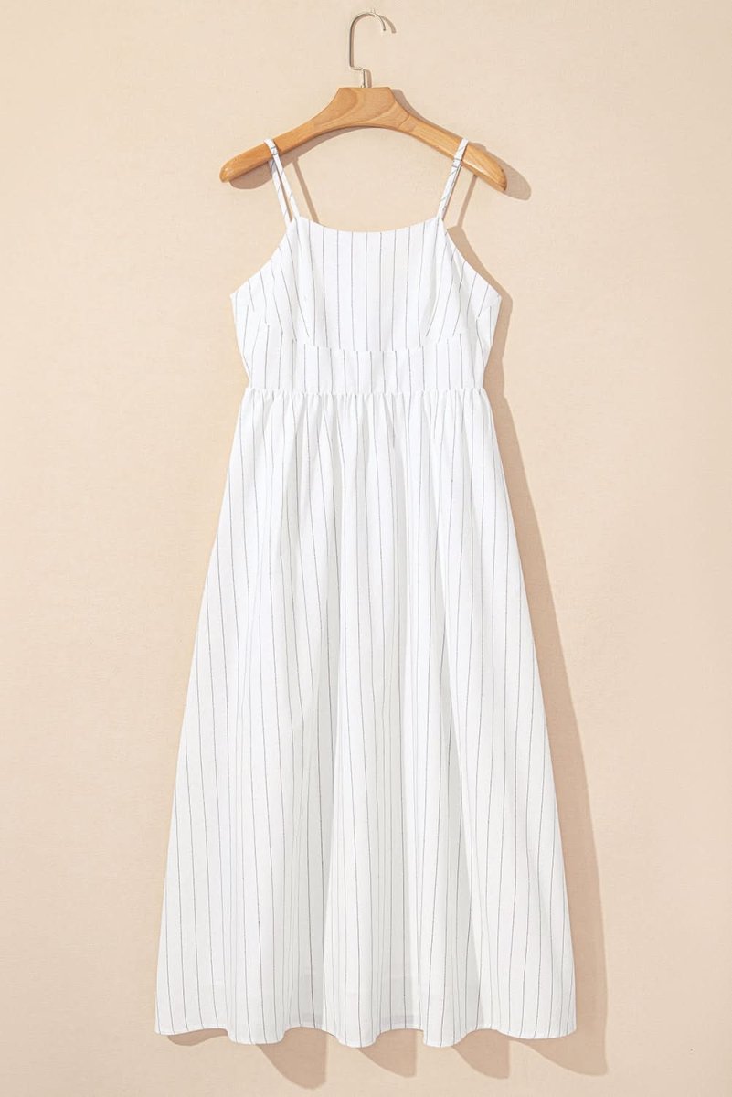 Beige Striped Spaghetti Strap High Waist Maxi Dress with Pockets - Love Salve