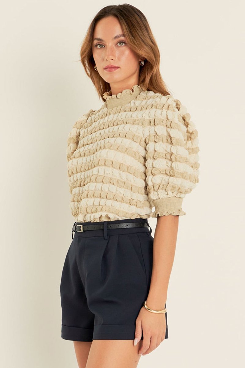 Beige Textured Mock Neck Short Sleeve Blouse for Women - Love Salve