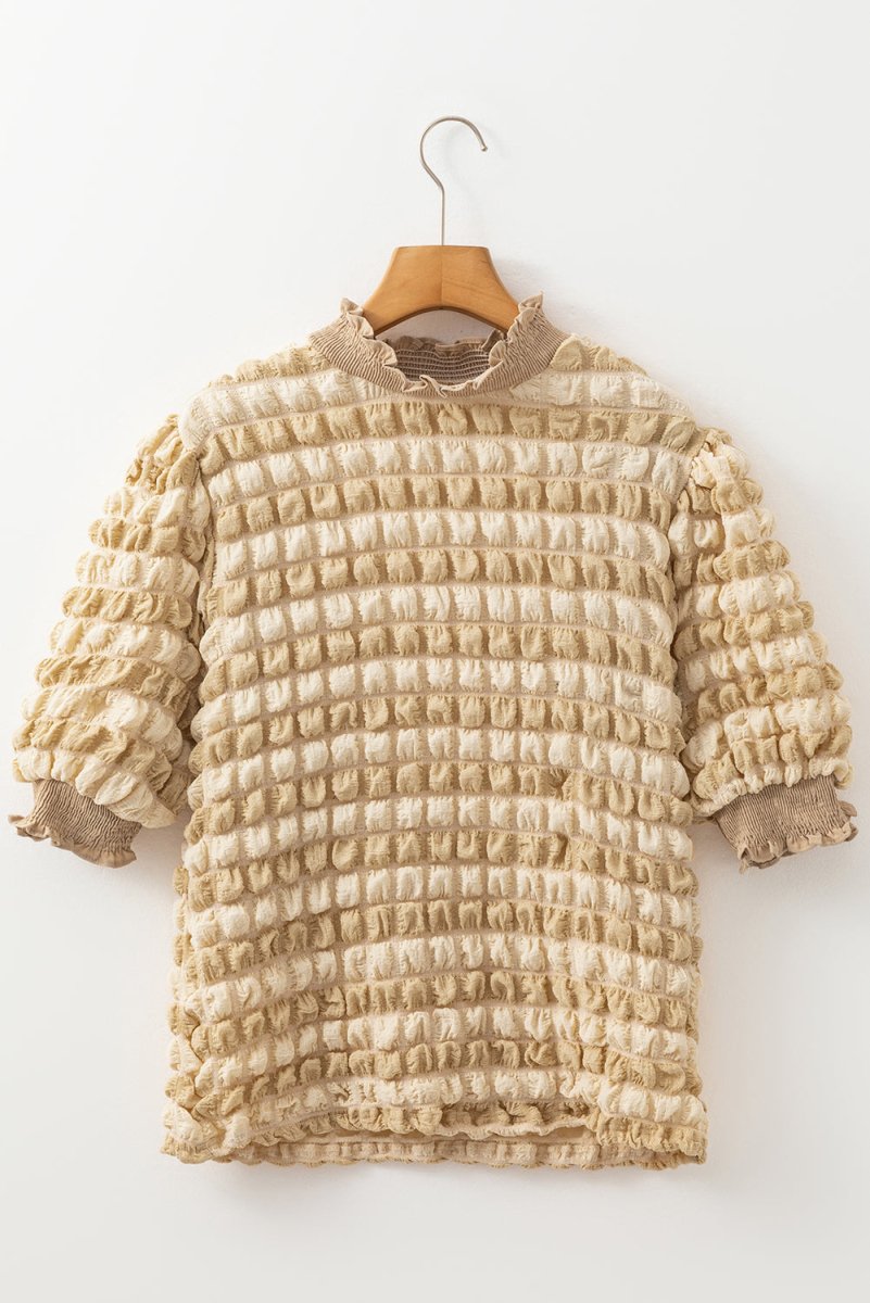 Beige Textured Mock Neck Short Sleeve Blouse for Women - Love Salve