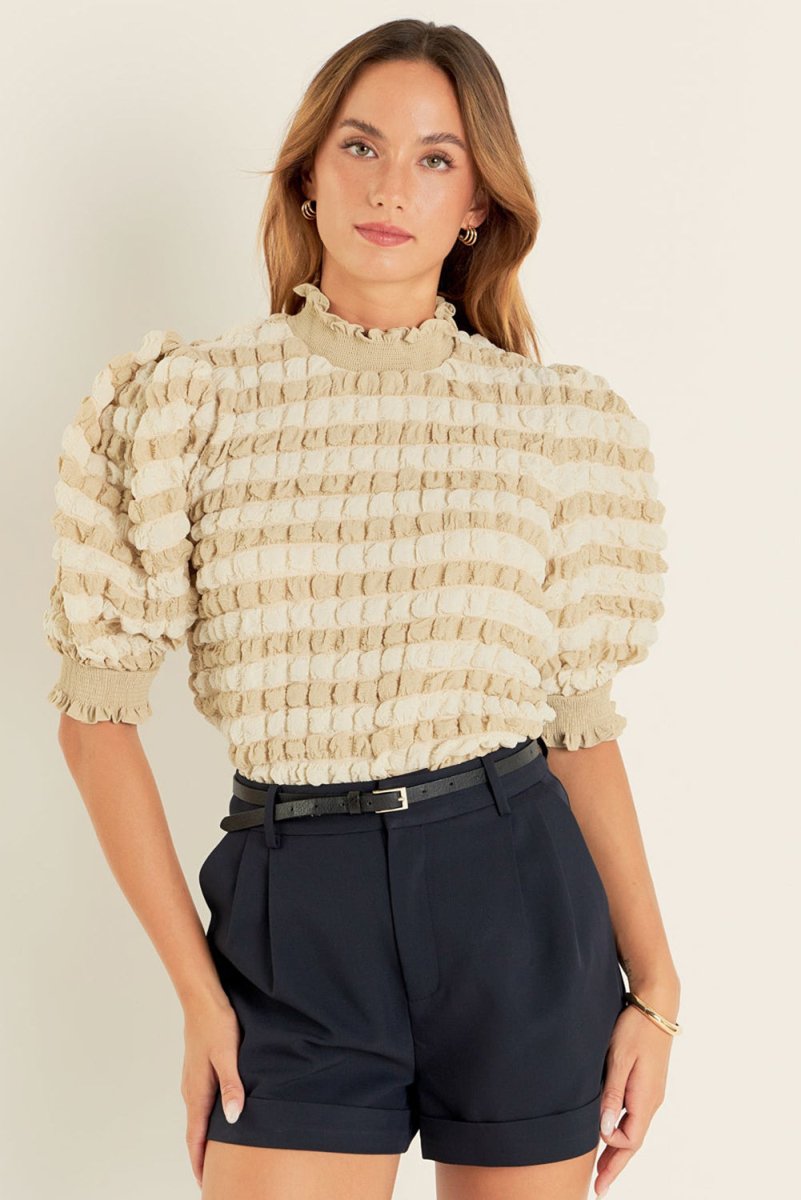 Beige Textured Mock Neck Short Sleeve Blouse for Women - Love Salve