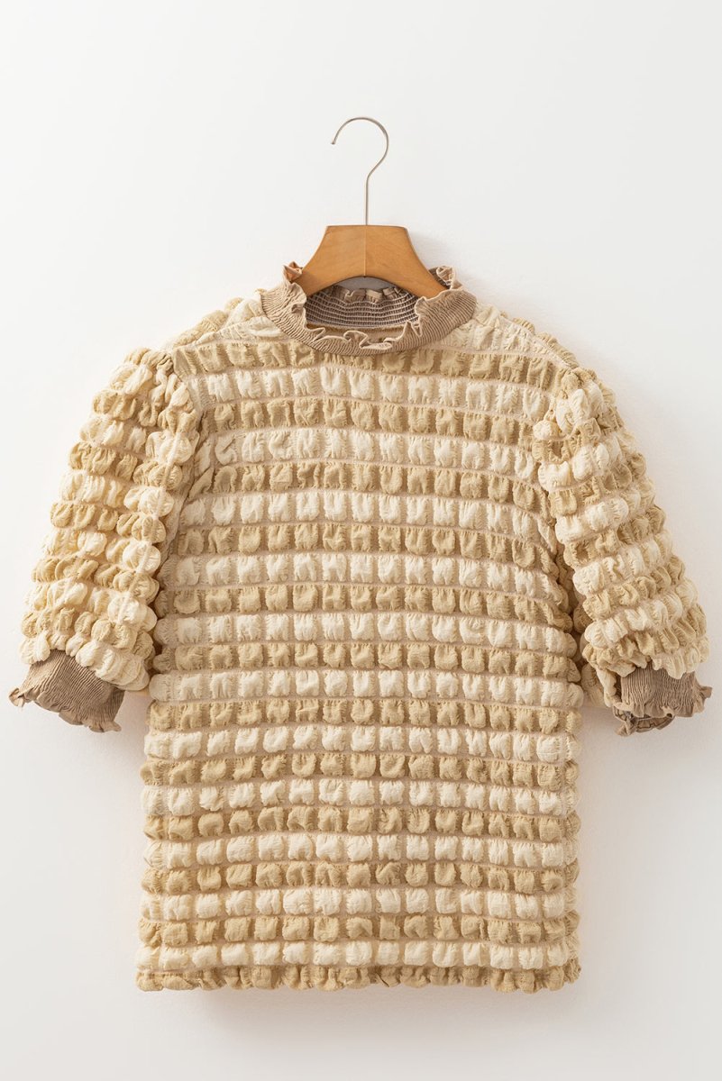 Beige Textured Mock Neck Short Sleeve Blouse for Women - Love Salve