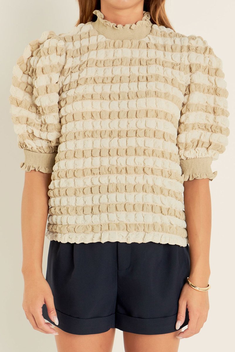 Beige Textured Mock Neck Short Sleeve Blouse for Women - Love Salve