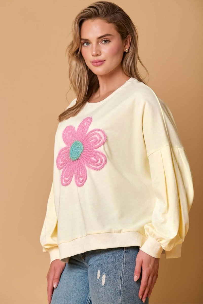 Beige Tinsel Flower Dropped Puff Sleeve Sweatshirt - Love Salve