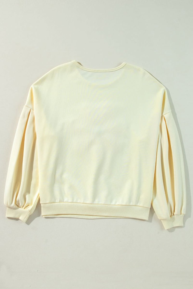 Beige Tinsel Flower Dropped Puff Sleeve Sweatshirt - Love Salve
