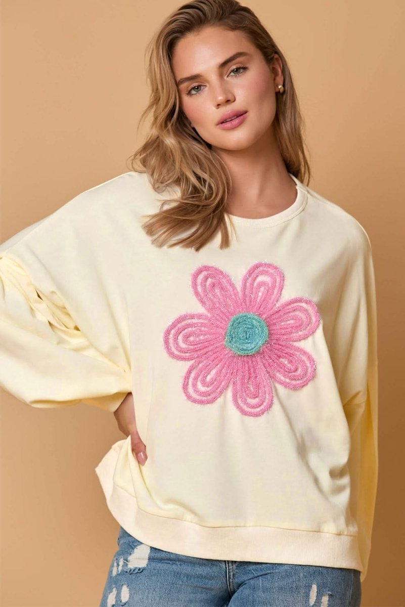 Beige Tinsel Flower Dropped Puff Sleeve Sweatshirt - Love Salve
