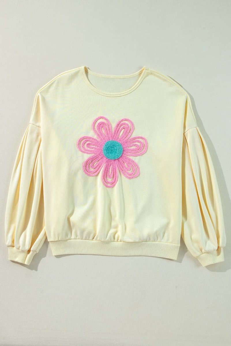 Beige Tinsel Flower Dropped Puff Sleeve Sweatshirt - Love Salve