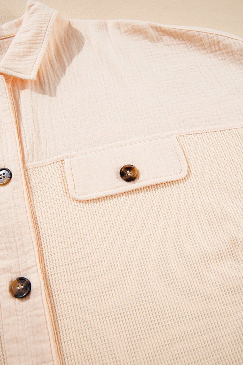 Beige Waffle Splicing Short Batwing Sleeve Flap Detail Shirt - Love Salve
