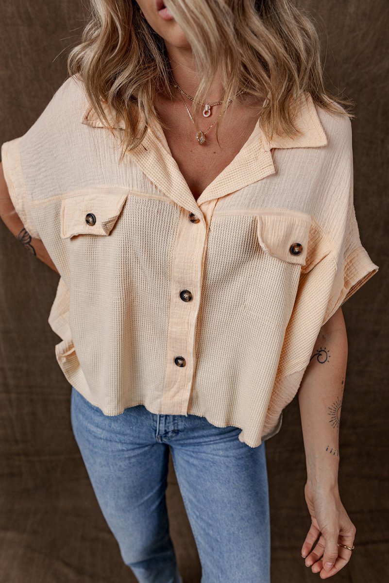Beige Waffle Splicing Short Batwing Sleeve Flap Detail Shirt - Love Salve