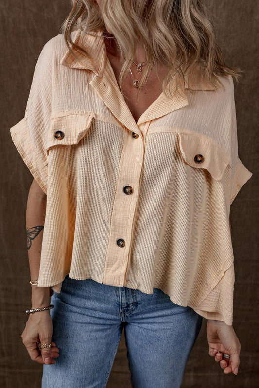 Beige Waffle Splicing Short Batwing Sleeve Flap Detail Shirt - Love Salve