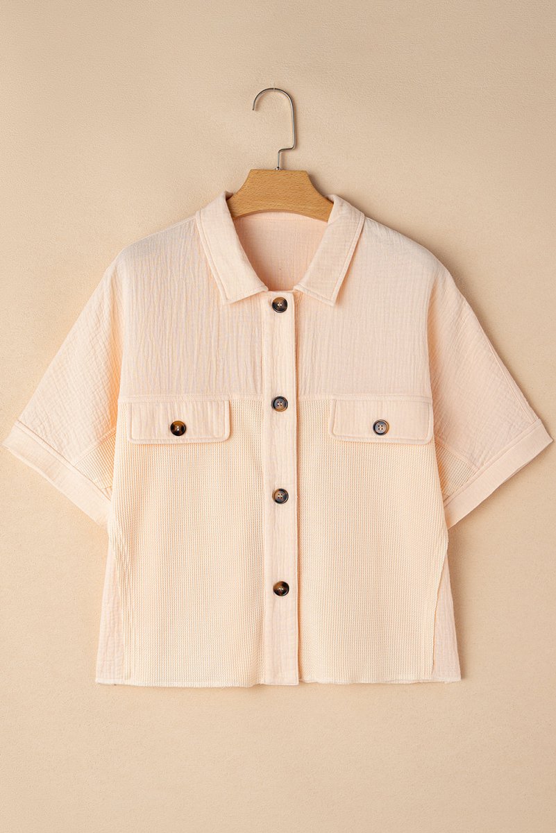 Beige Waffle Splicing Short Batwing Sleeve Flap Detail Shirt - Love Salve