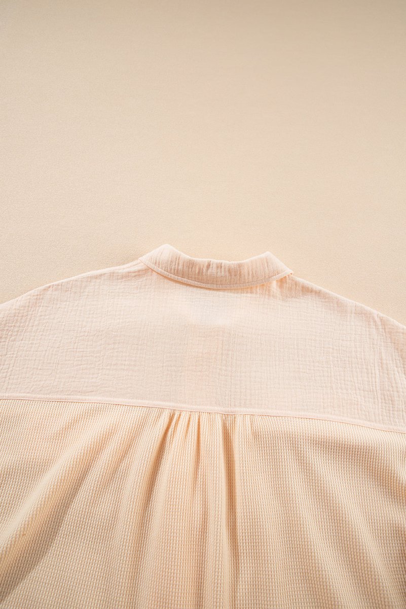 Beige Waffle Splicing Short Batwing Sleeve Flap Detail Shirt - Love Salve