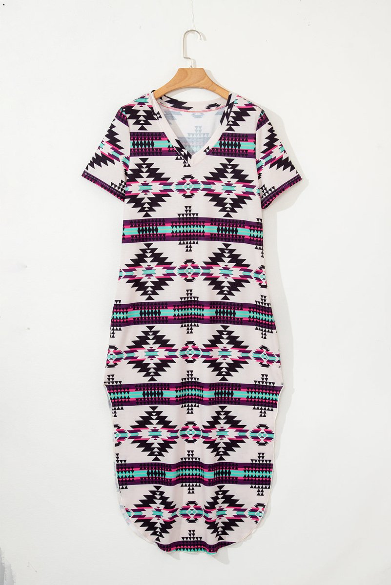 Beige Western Aztec Printed Long T-shirt Dress for Women - Love Salve