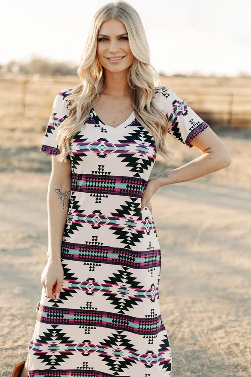 Beige Western Aztec Printed Long T-shirt Dress for Women - Love Salve