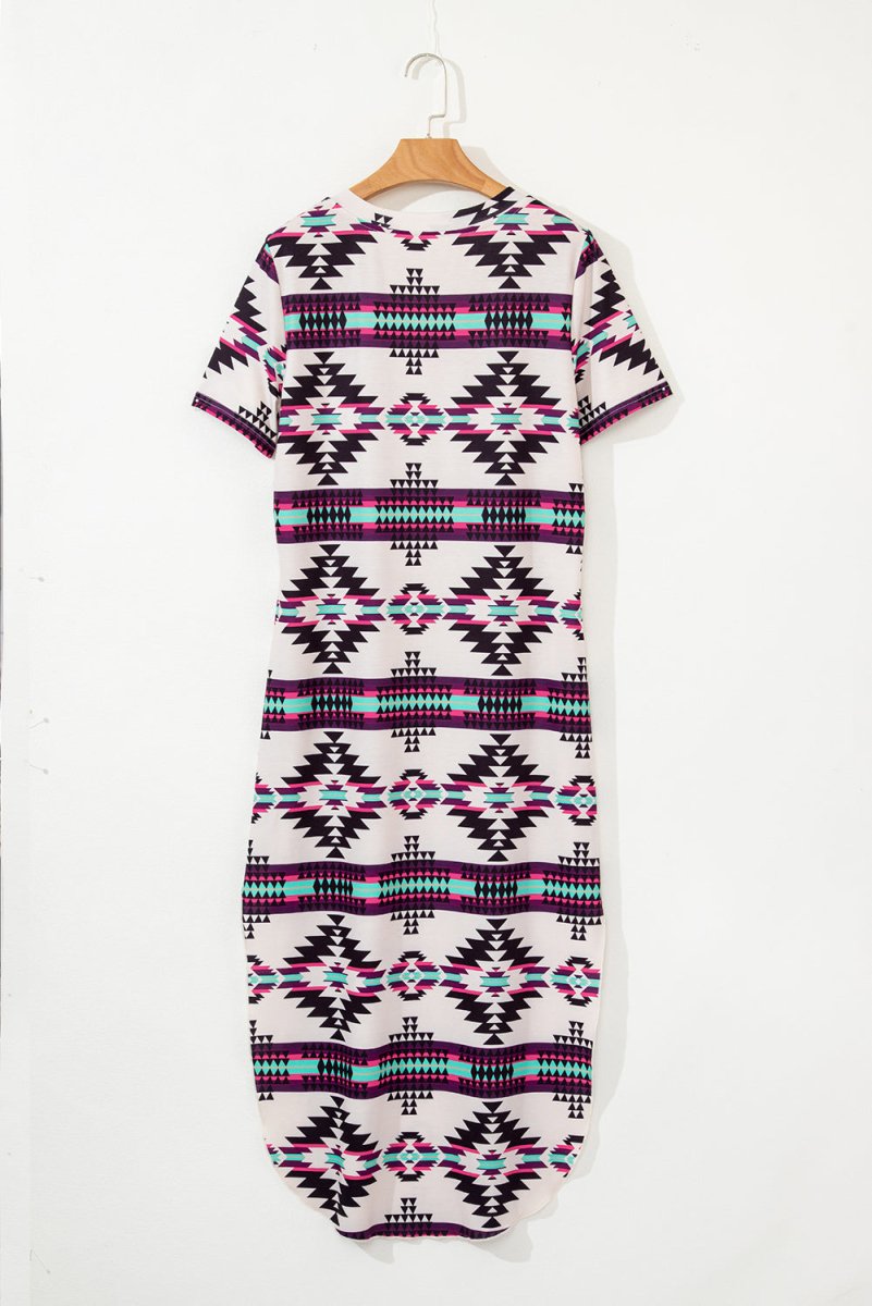 Beige Western Aztec Printed Long T-shirt Dress for Women - Love Salve