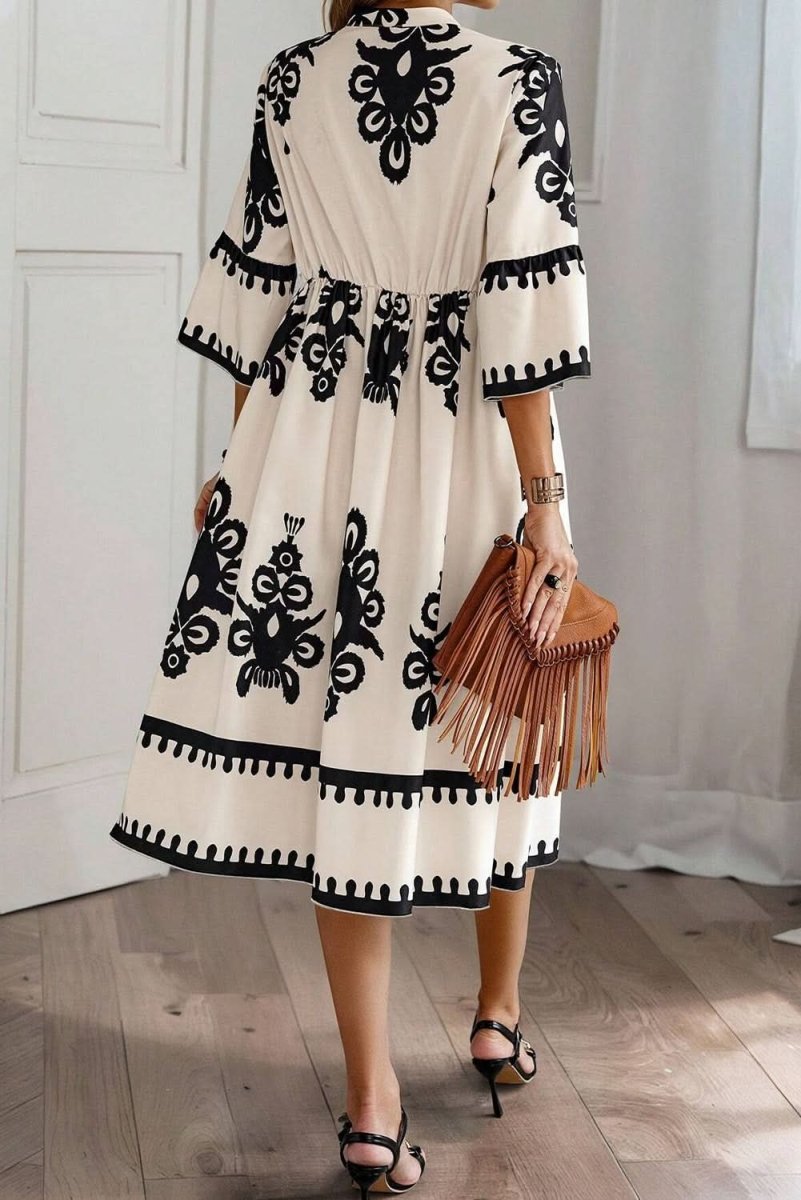Beige Western Geometric Print 3/4 Sleeve Loose Midi Dress - Love Salve