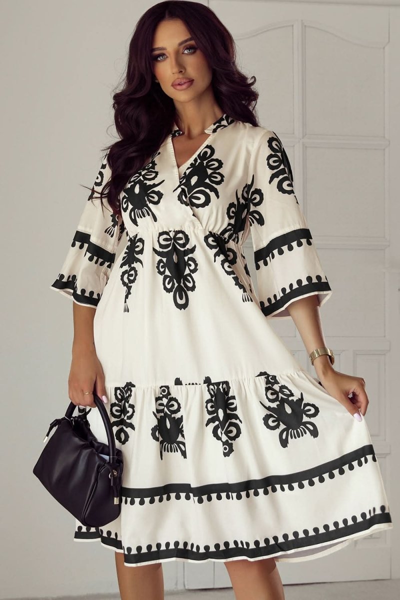 Beige Western Geometric Print 3/4 Sleeve Loose Midi Dress - Love Salve