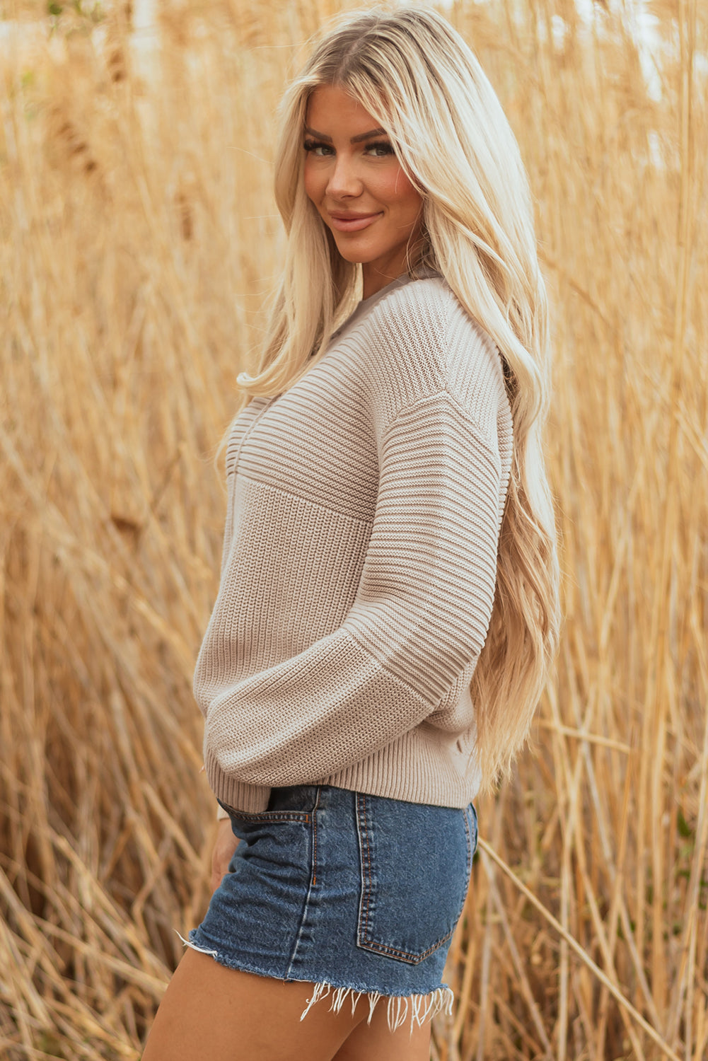 Premium Parchment Mixed Texture Patchwork Knitted Puff Sleeve Sweater