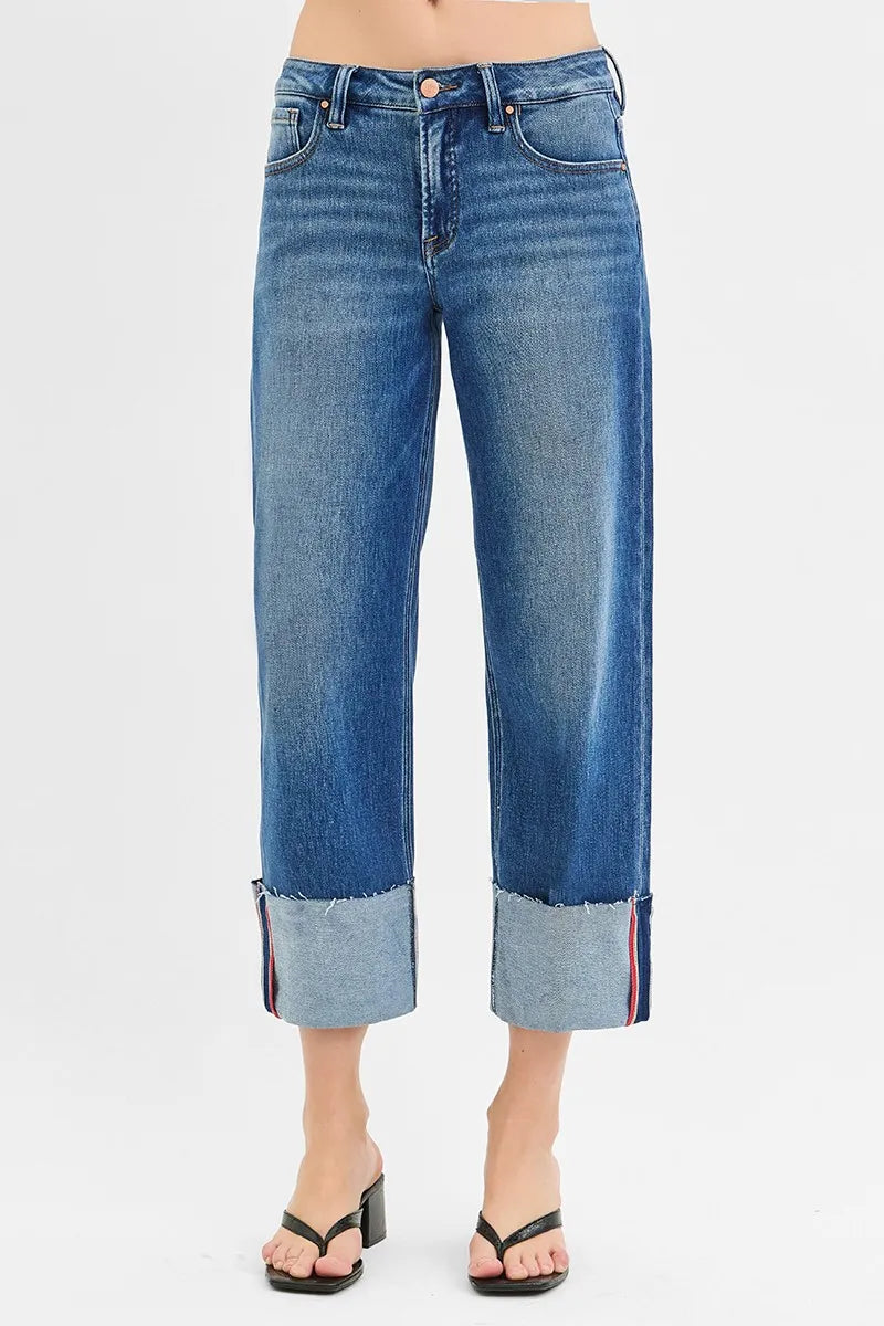 Risen Full Size Tummy Control Mid Rise Crop Wide Cuffed Jeans Plus Size - Love Salve