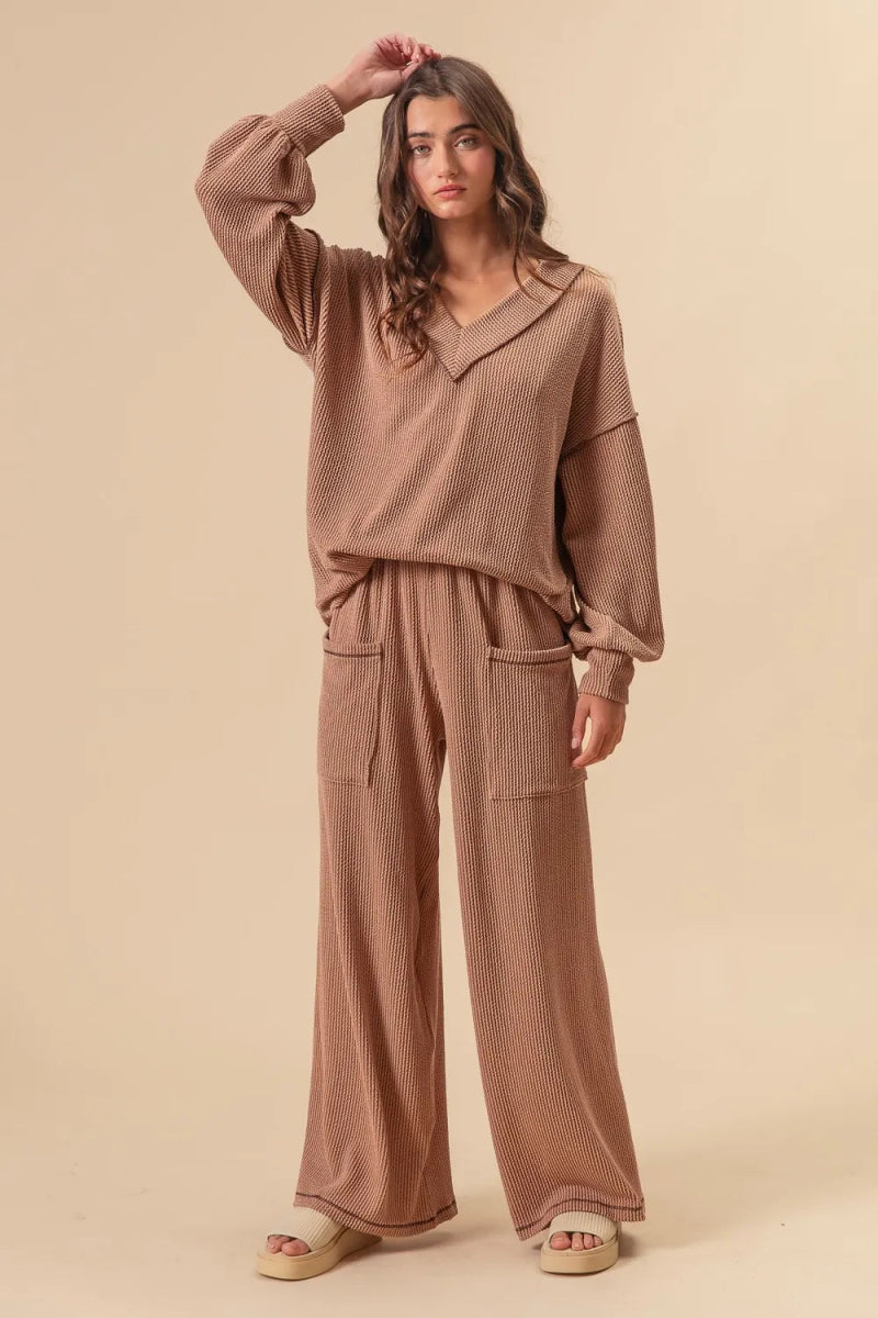 BiBi 2tone Cord Rib Waist Band Side Pocket Pants for Women - Love Salve