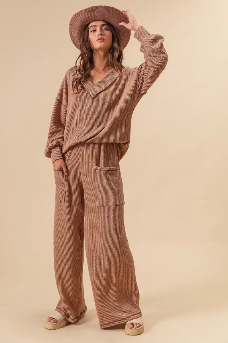 BiBi 2tone Cord Rib Waist Band Side Pocket Pants for Women - Love Salve