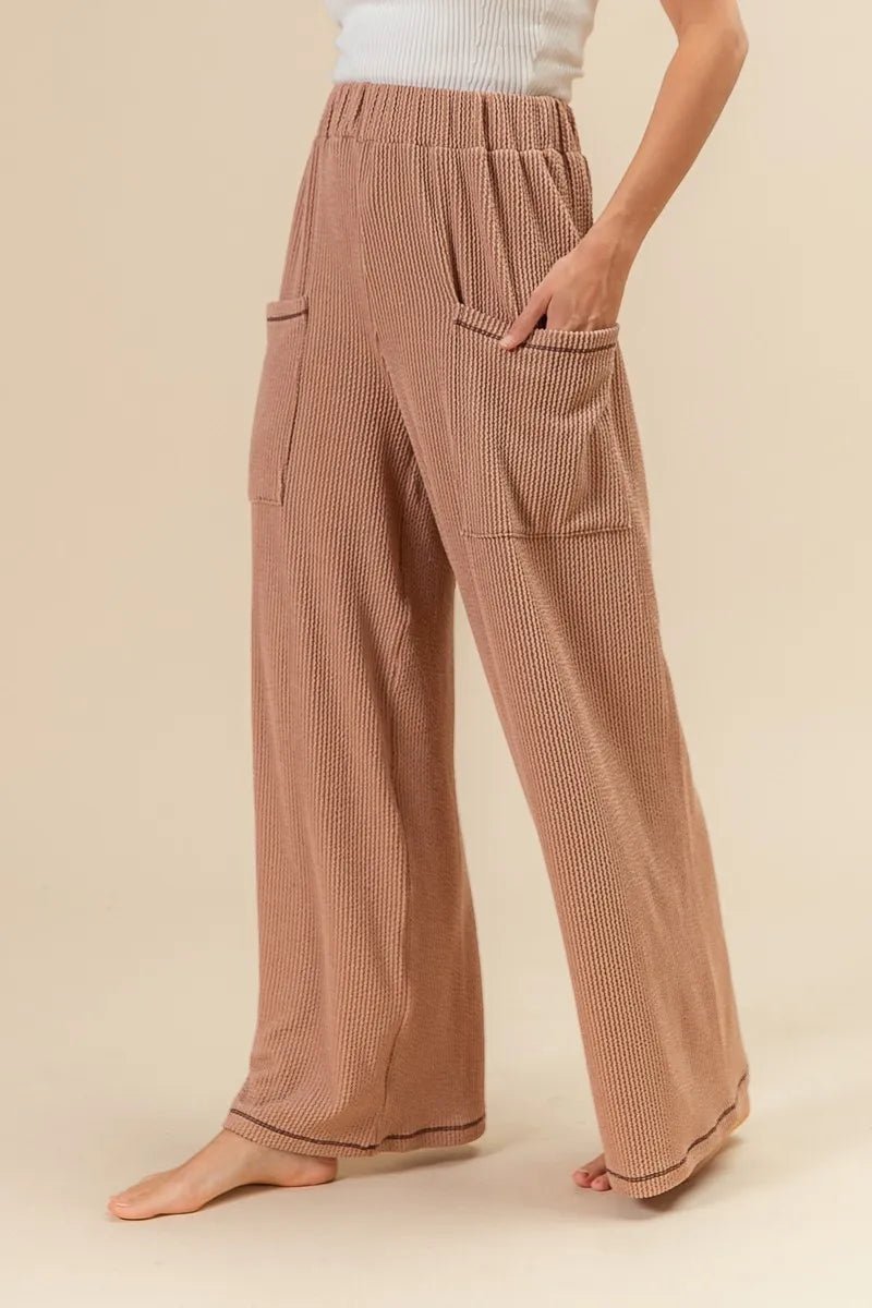 BiBi 2tone Cord Rib Waist Band Side Pocket Pants for Women - Love Salve