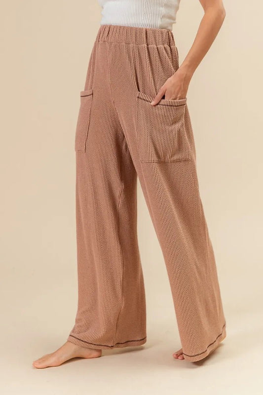 BiBi 2tone Cord Rib Waist Band Side Pocket Pants for Women - Love Salve