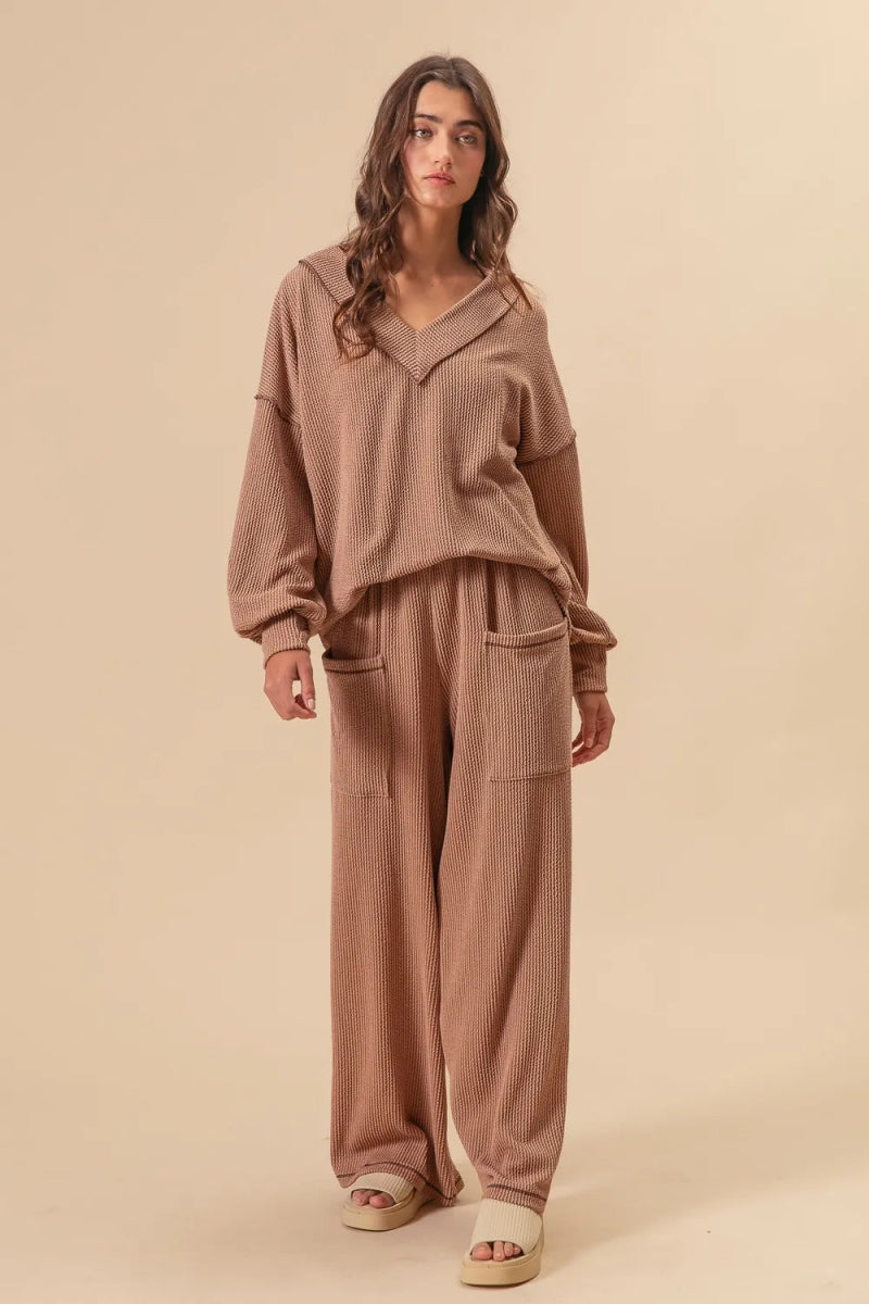 BiBi 2tone Cord Rib Waist Band Side Pocket Pants for Women - Love Salve