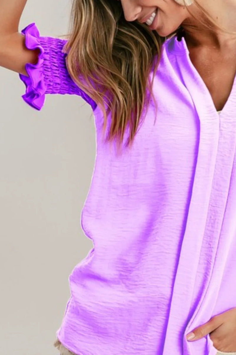 BiBi Air Flow Color Block Puff Sleeves V Neck Top for Women - Love Salve