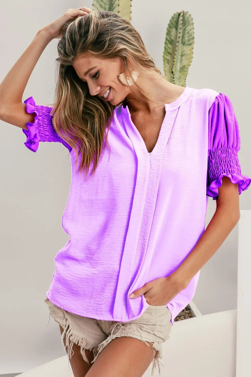 BiBi Air Flow Color Block Puff Sleeves V Neck Top for Women - Love Salve