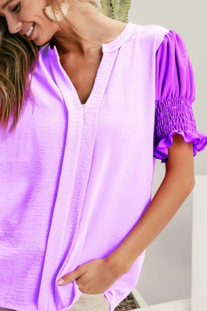 BiBi Air Flow Color Block Puff Sleeves V Neck Top for Women - Love Salve