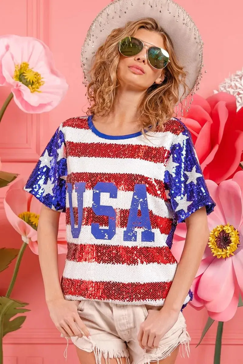 BiBi American Flag Theme USA Lettering Sequin Top - Love Salve