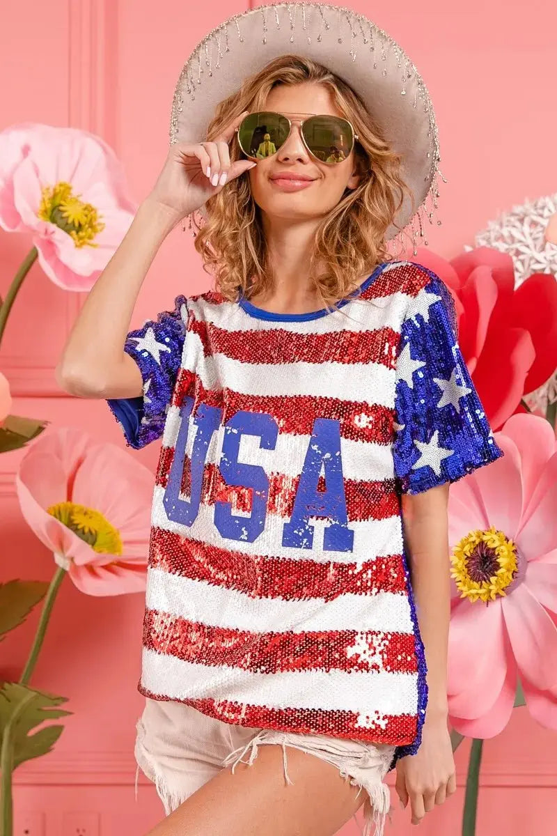 BiBi American Flag Theme USA Lettering Sequin Top - Love Salve