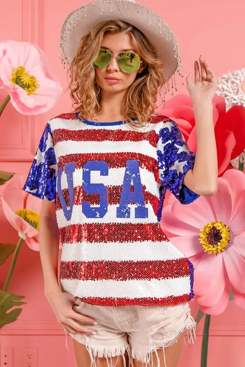 BiBi American Flag Theme USA Lettering Sequin Top - Love Salve