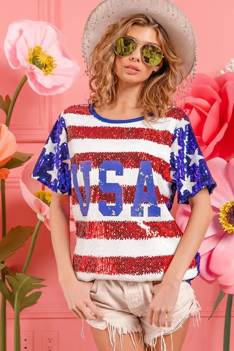 BiBi American Flag Theme USA Lettering Sequin Top - Love Salve