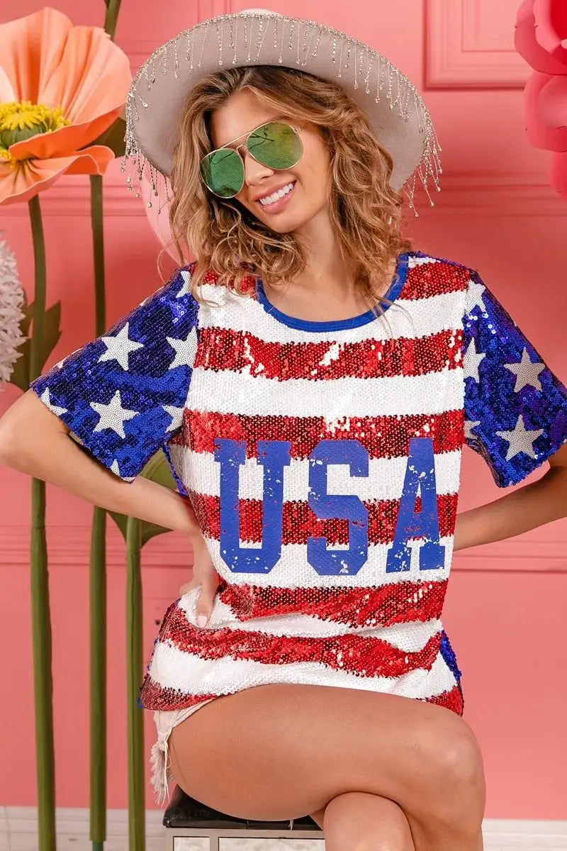 BiBi American Flag Theme USA Lettering Sequin Top - Love Salve