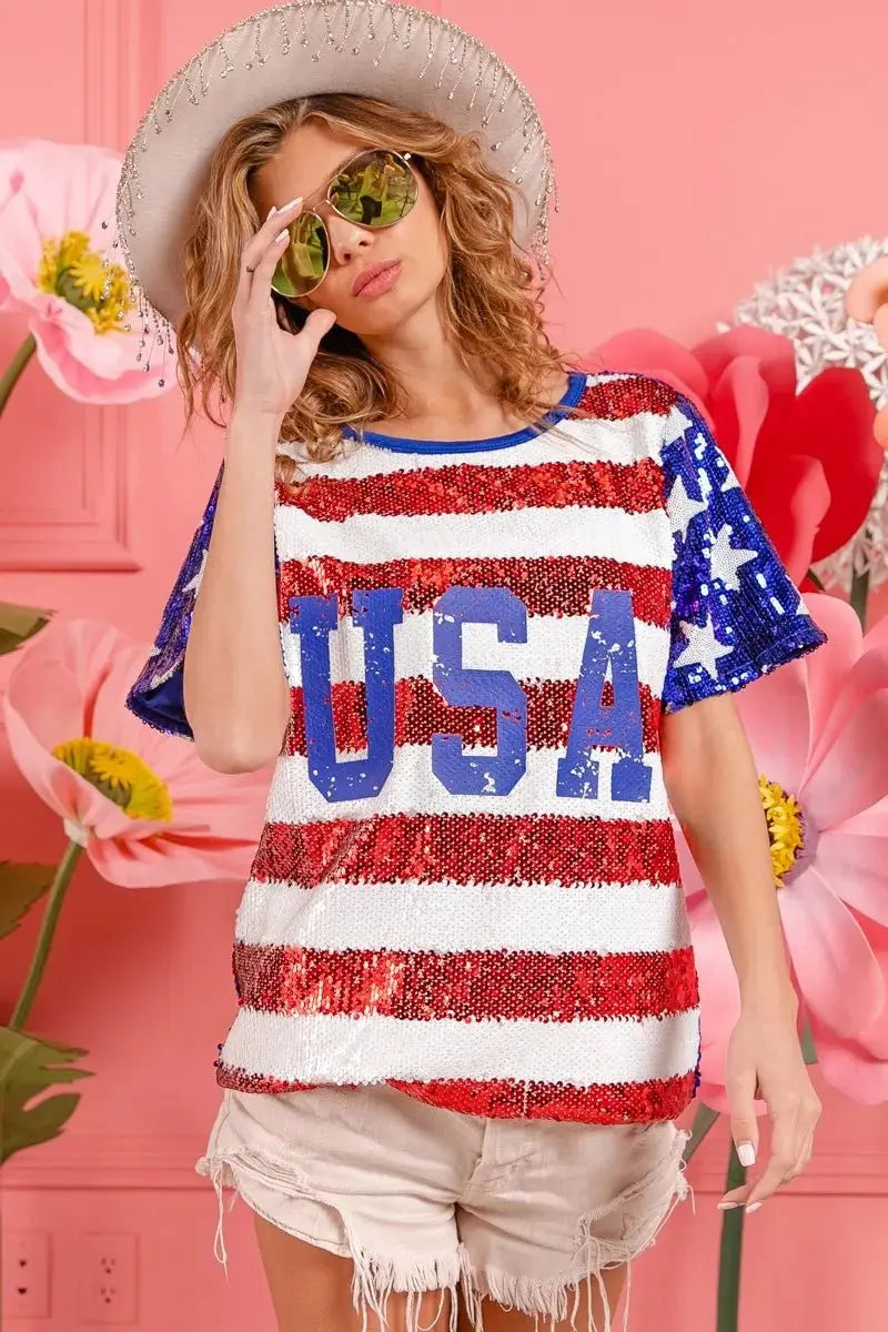 BiBi American Flag Theme USA Lettering Sequin Top - Love Salve