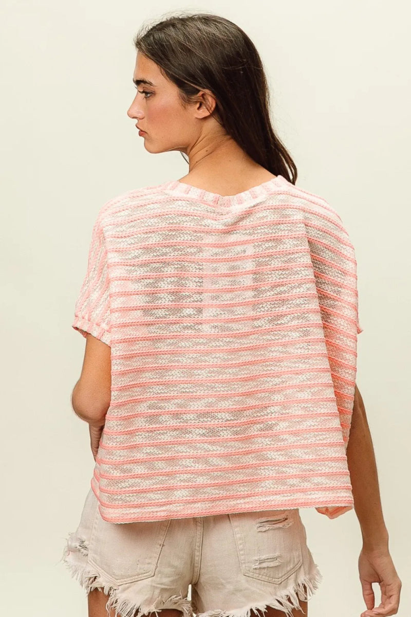 BiBi Braid Striped Short Sleeve Round Neck T-Shirt for Women - Love Salve