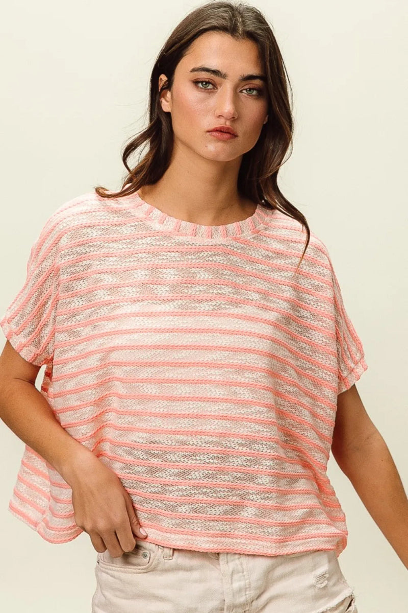 BiBi Braid Striped Short Sleeve Round Neck T-Shirt for Women - Love Salve