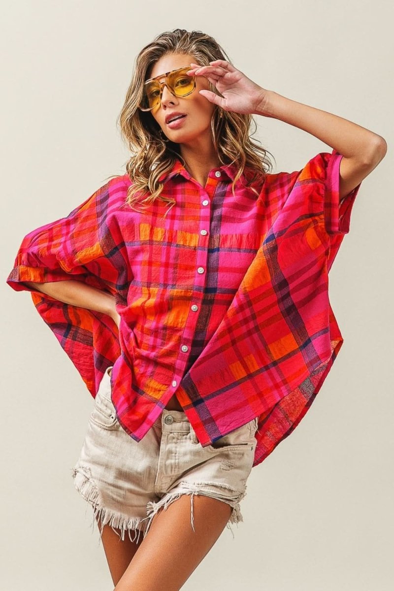 BiBi Button Up Dolman Sleeve Plaid Shirt - Love Salve