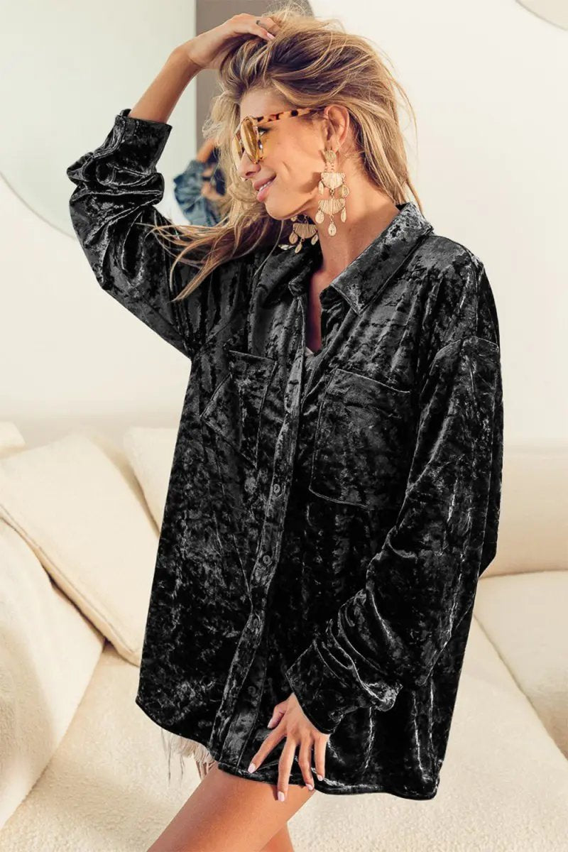 BiBi Button Up Long Sleeve Velvet Shirt for Elegant Style - Love Salve