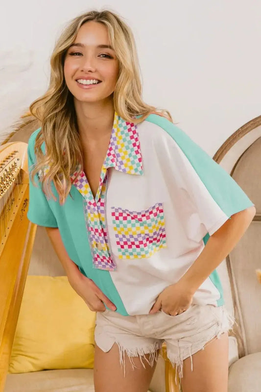 BiBi Color Block Knit with Multi Checker Contrast Top - Love Salve