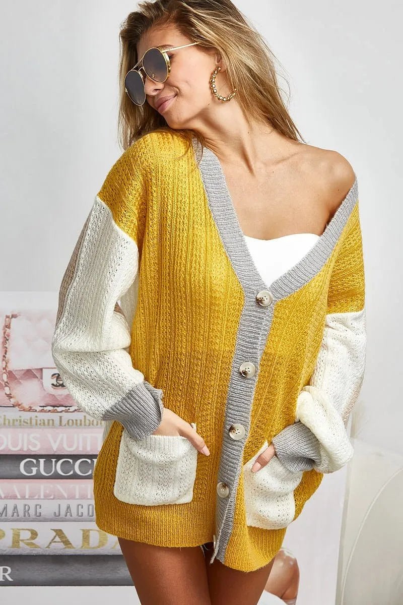 BiBi Color Block Sweater Cardigan with Button Closure - Love Salve