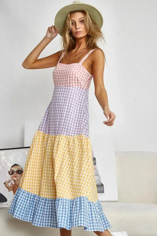 BiBi Color Block Tiered Gingham Dress for Summer Fun - Love Salve