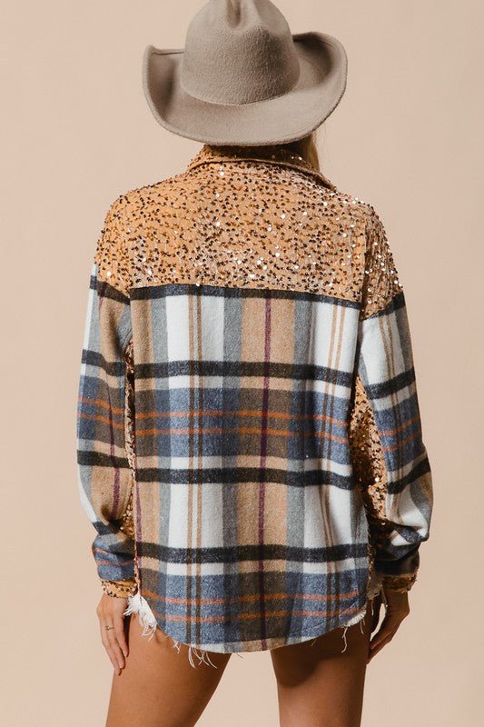 BiBi Curved Hem Sequin Plaid Button Up Shacket for Women - Love Salve