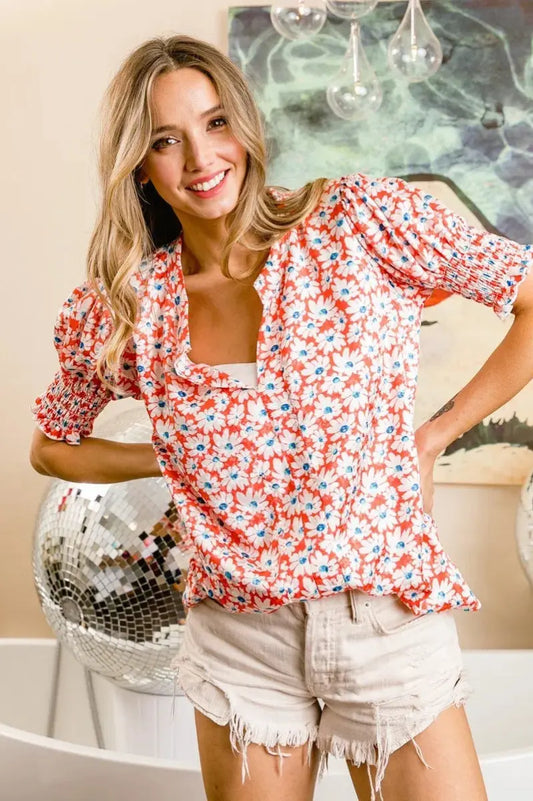 BiBi Floral Jqd Smoked Puff Sleeves V Neck Top for Women - Love Salve