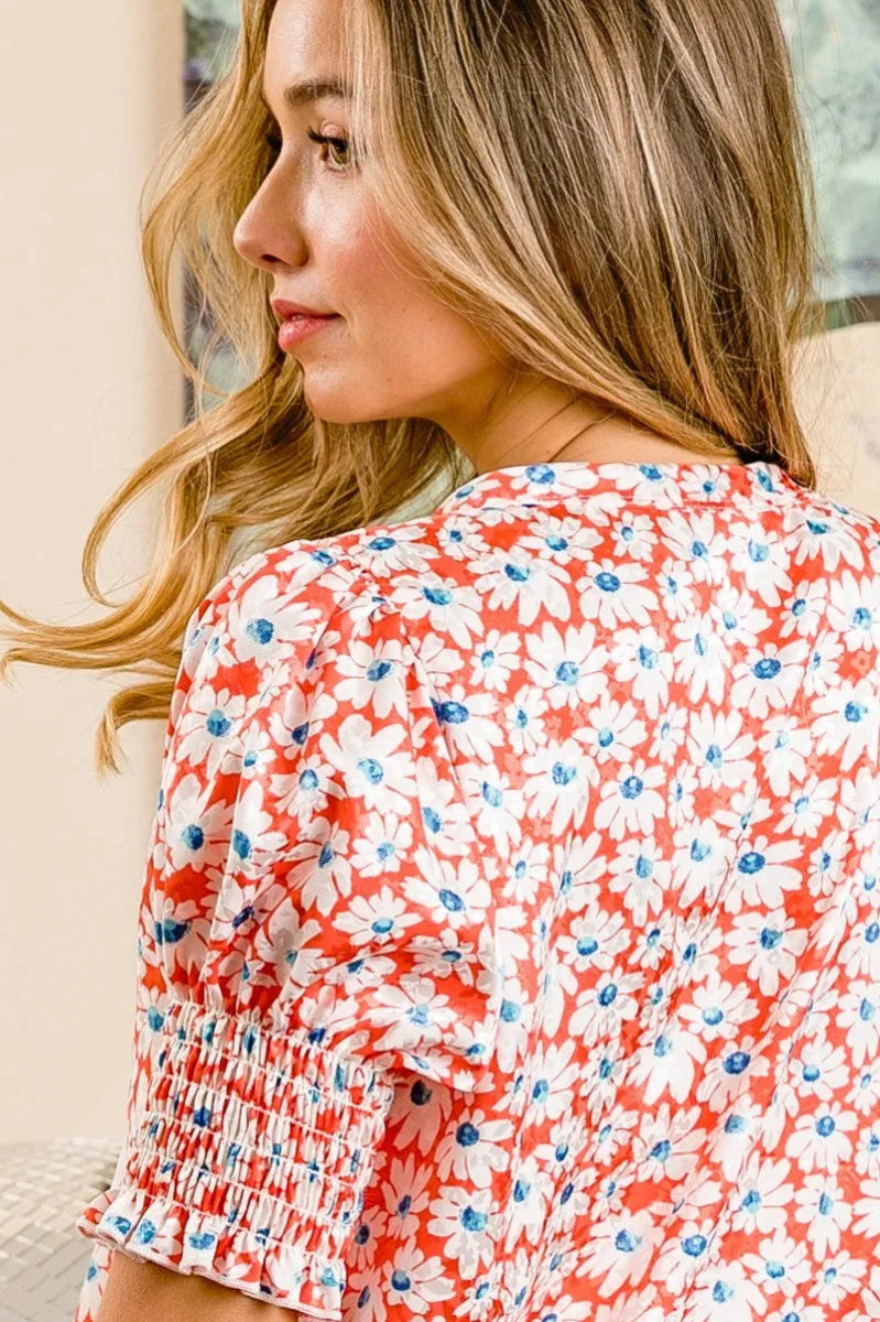 BiBi Floral Jqd Smoked Puff Sleeves V Neck Top for Women - Love Salve
