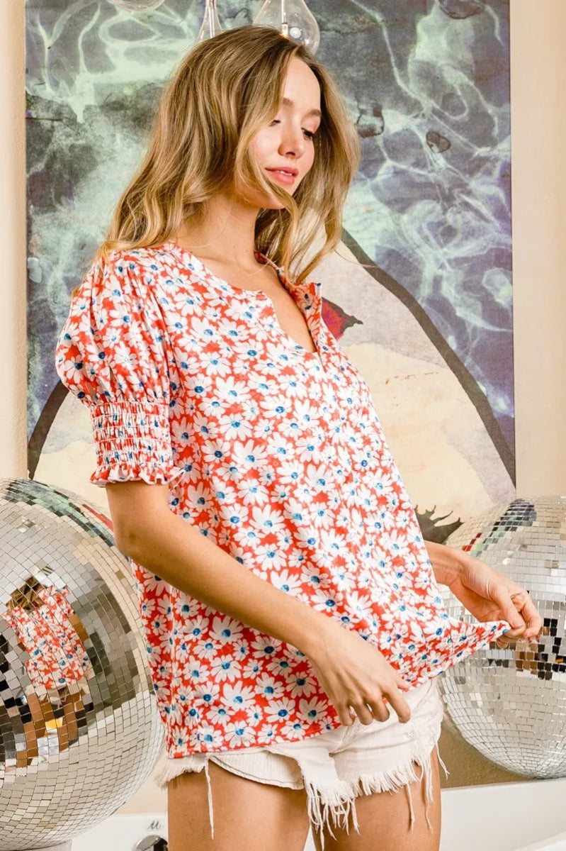 BiBi Floral Jqd Smoked Puff Sleeves V Neck Top for Women - Love Salve