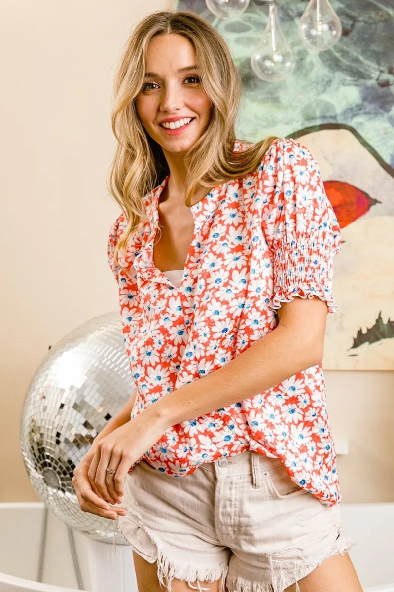 BiBi Floral Jqd Smoked Puff Sleeves V Neck Top for Women - Love Salve